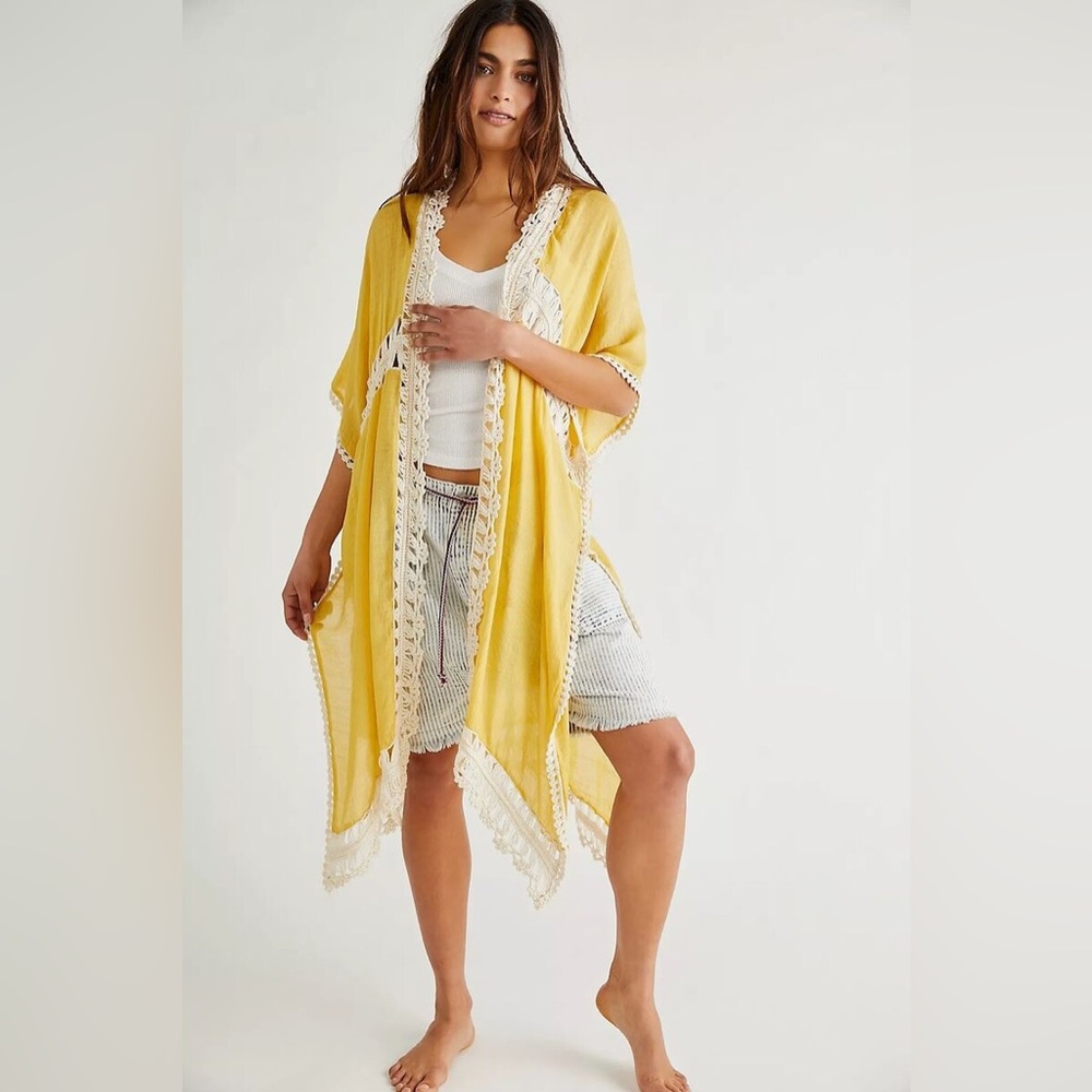 Free People Sundial Crochet Kimono Yellow One Size